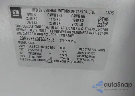 2015 Chevrolet Equinox 1Lt z USA, uszkodzony, nr VIN 2GNFLFEK9F6371308